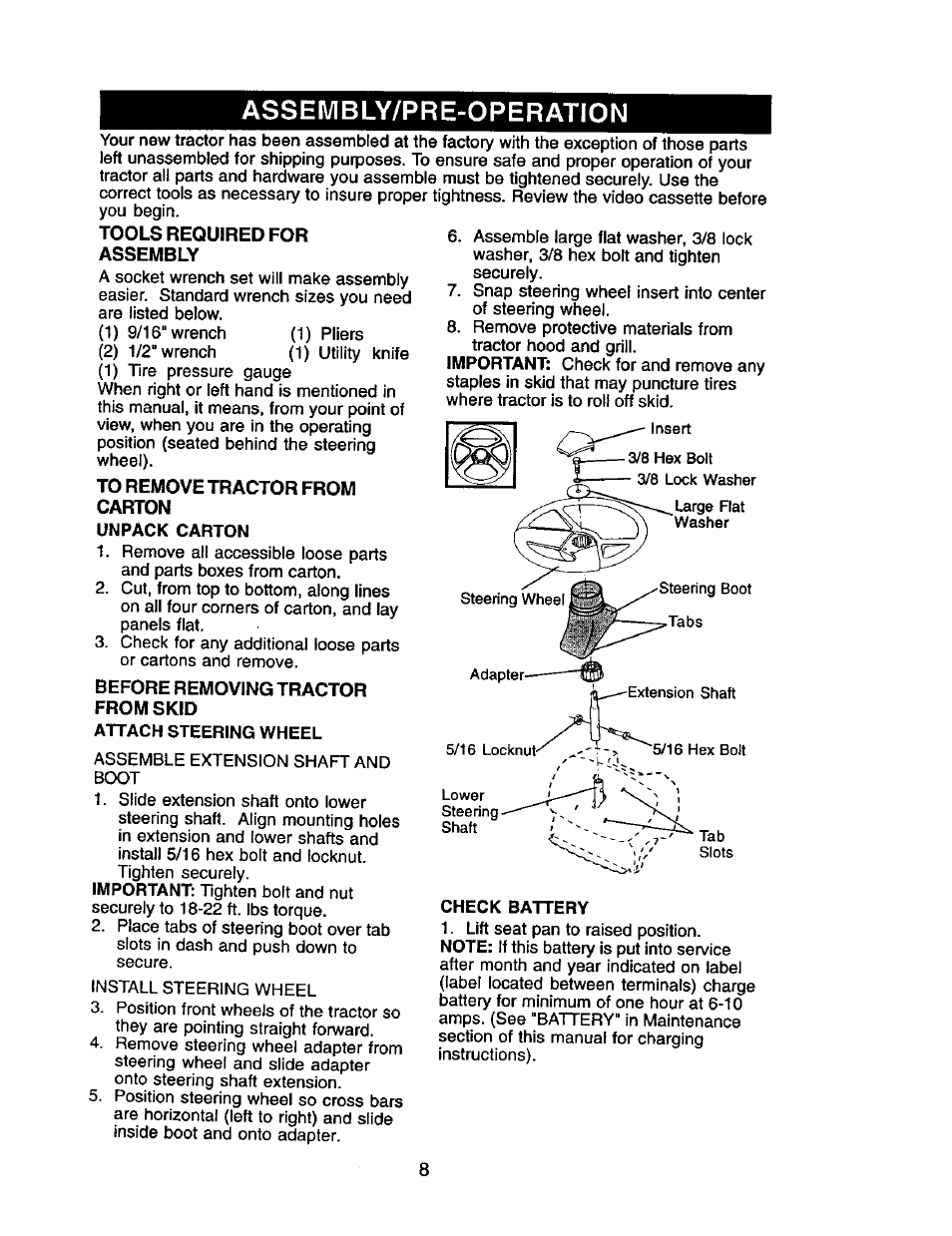 Assembly/pre-operation, Unpack carton, Attach steering wheel | Check battery | Craftsman 917.272068 User Manual | Page 8 / 64