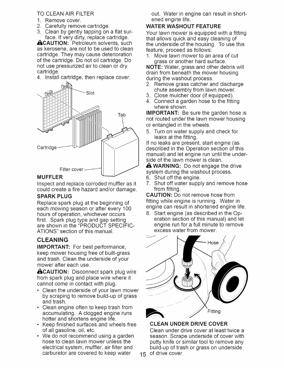 Water washout feature, Clean under drive cover | Craftsman 917.376543 User Manual | Page 15 / 48