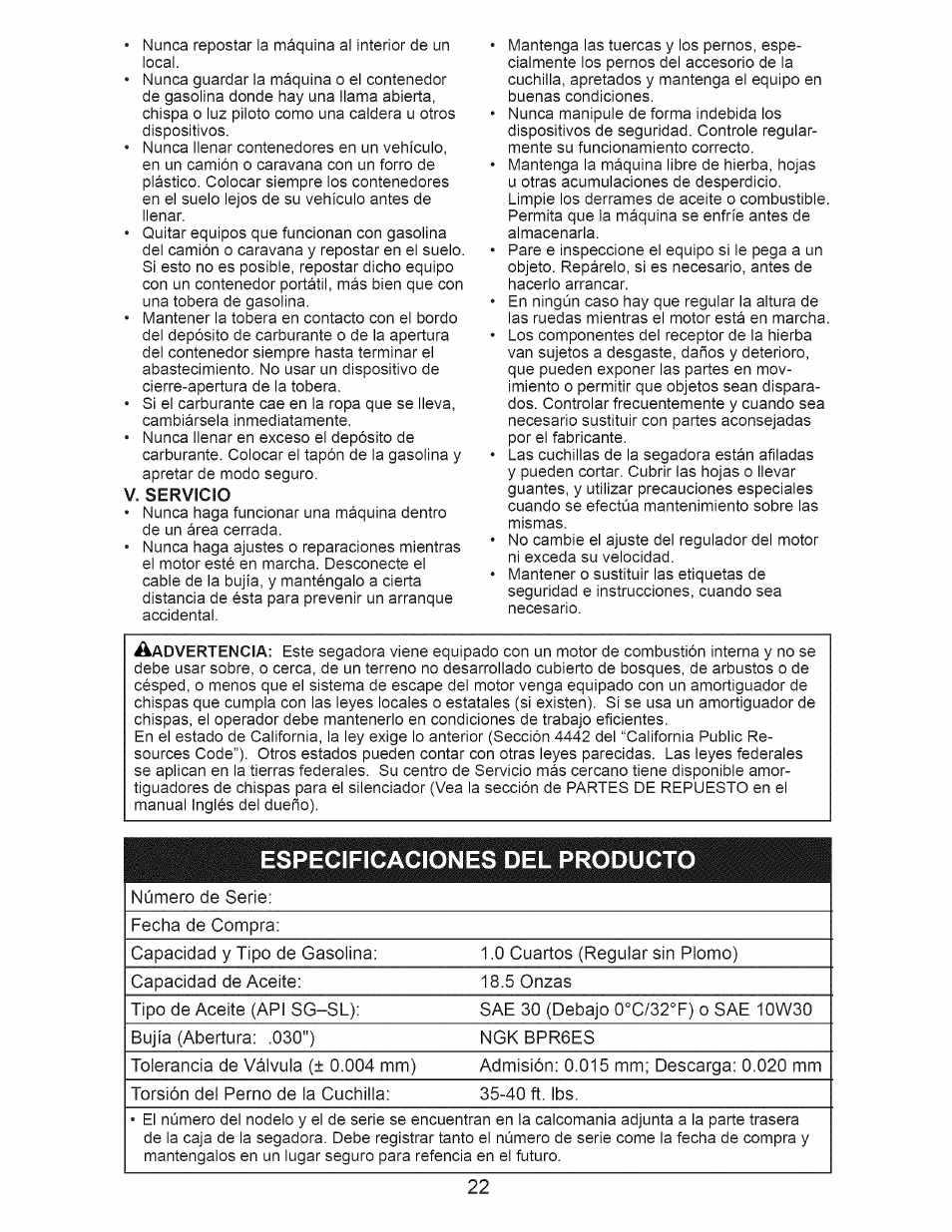 Servicio, Especificaciones del producto | Craftsman 917.376543 User Manual | Page 22 / 48