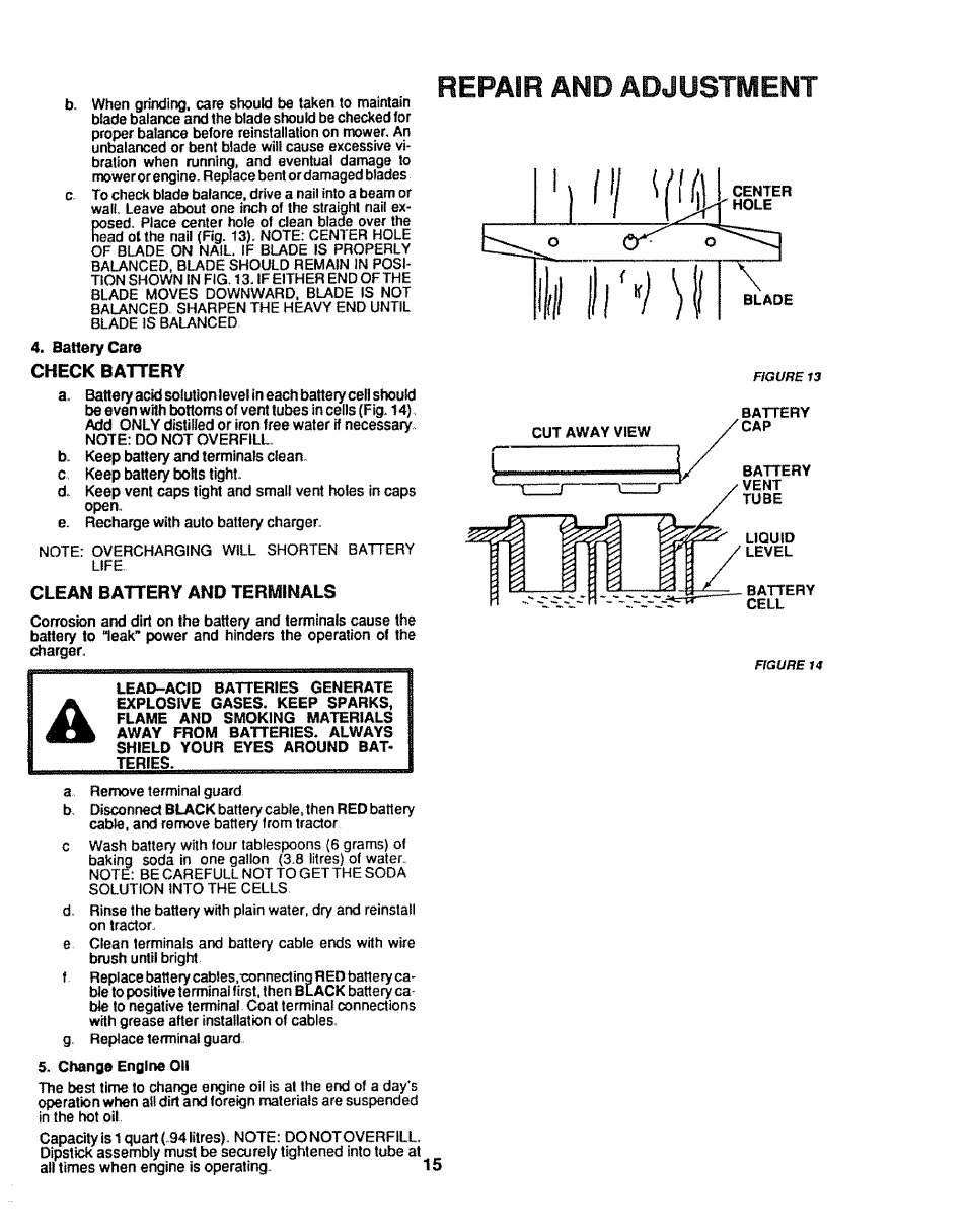 Battery care, Check battery, Clean battery and terminals | Repair and adjustment | Craftsman 917.254611 User Manual | Page 15 / 52