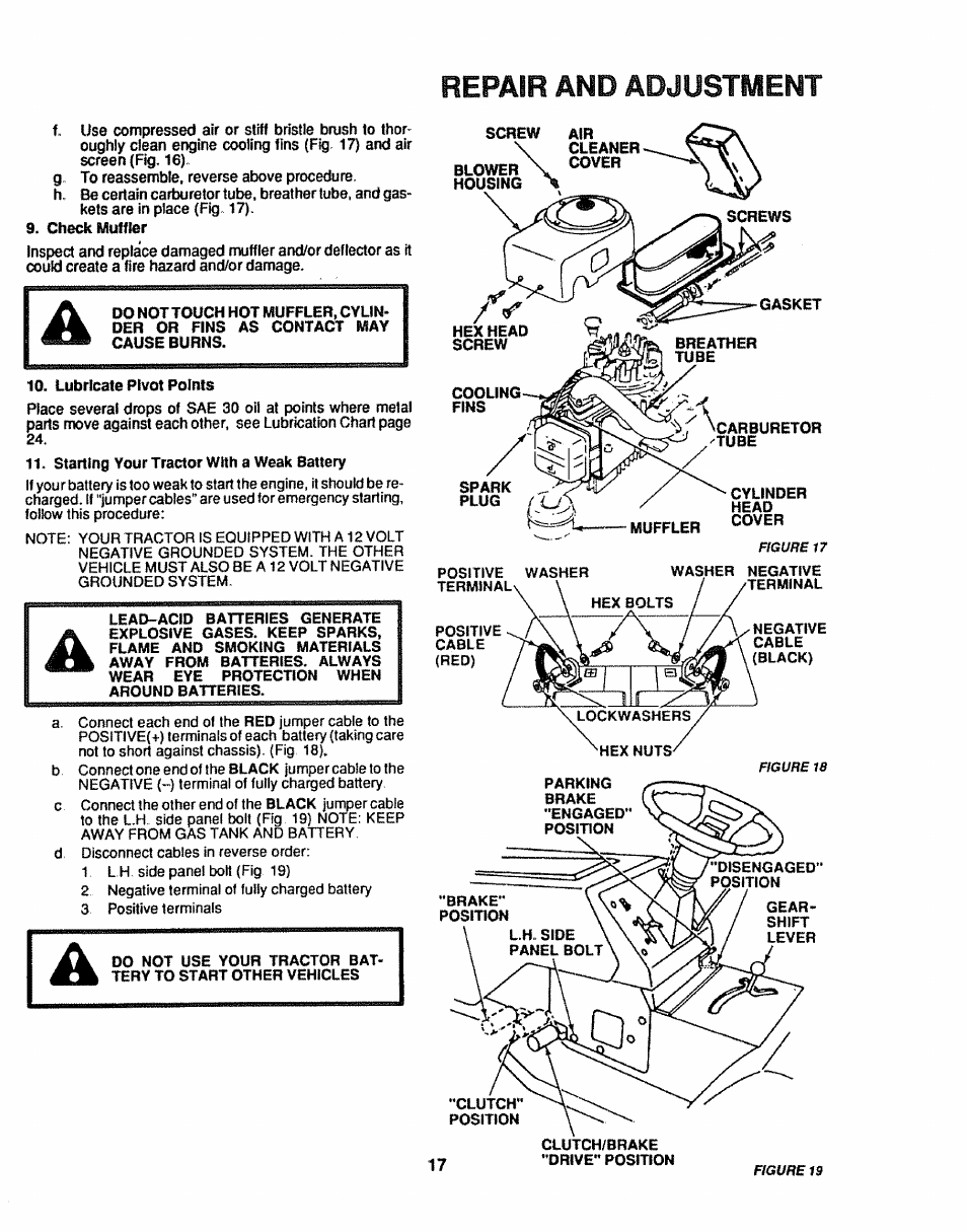 Check muffler, Lubricate pivot points, Starting your tractor with a weak battery | Repair and adjustment | Craftsman 917.254611 User Manual | Page 17 / 52