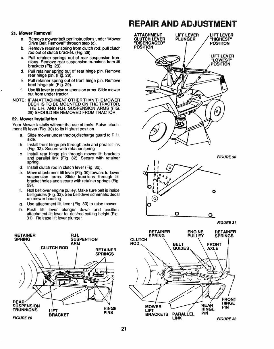 Mower romoval, Mower installation, Repair and adjustment | Craftsman 917.254611 User Manual | Page 21 / 52