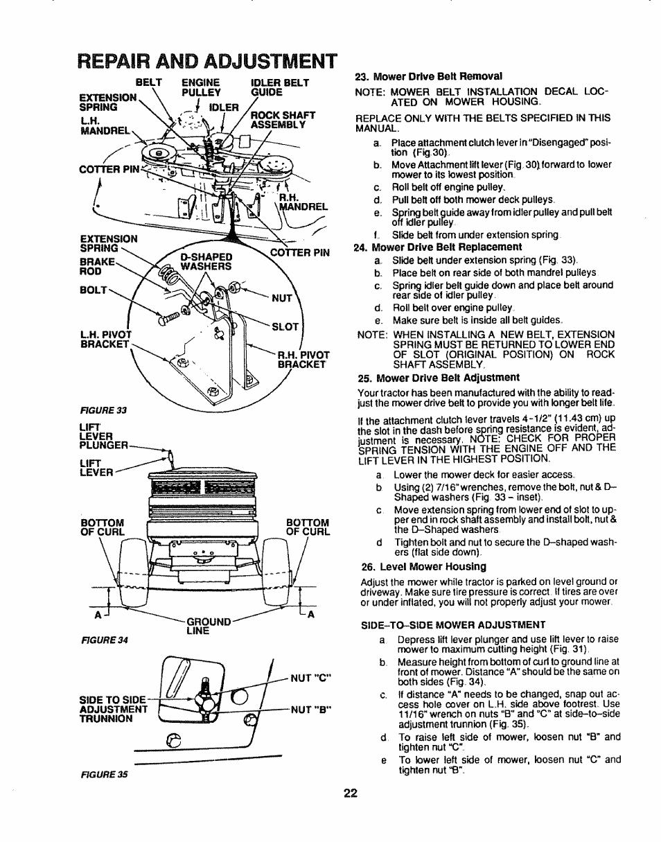 Mower drive belt removal, Mower drive belt replacemertt, Mower drive belt adjustment | Level mower housing, Side-to-side mower adjustment, Repair and adjustment | Craftsman 917.254611 User Manual | Page 22 / 52