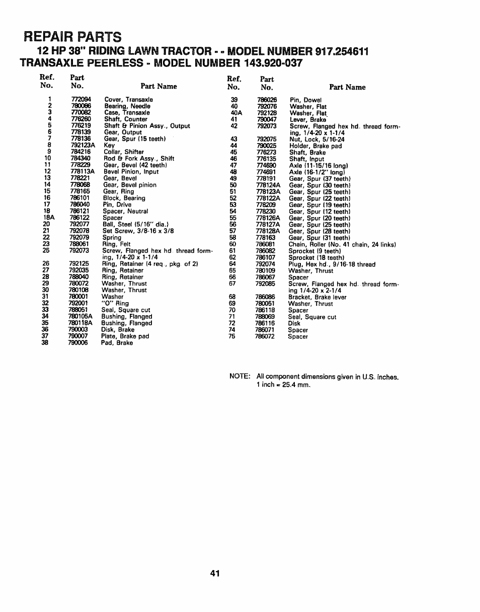 Repair parts | Craftsman 917.254611 User Manual | Page 41 / 52