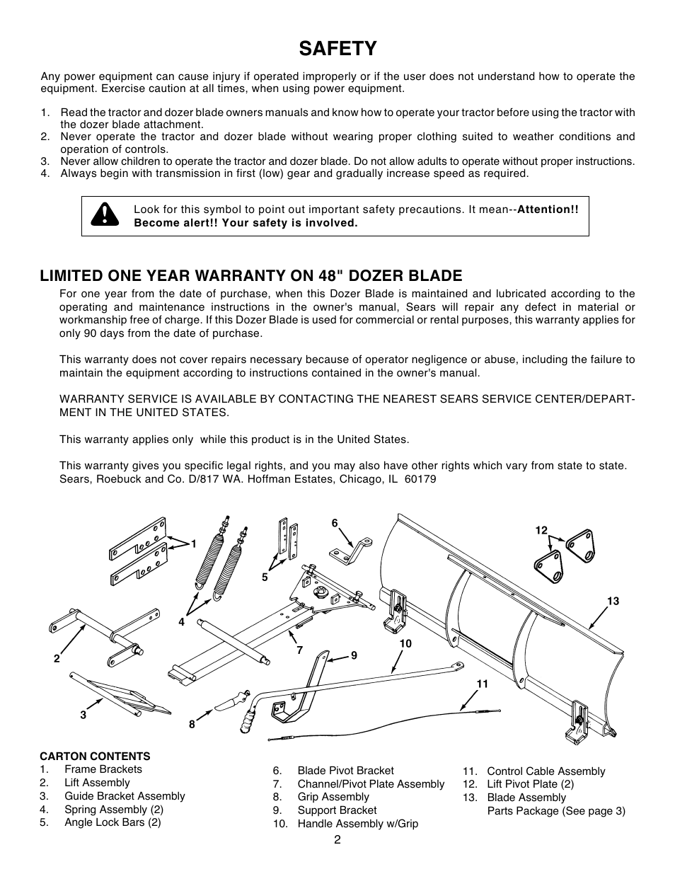 Safety, Limited one year warranty on 48" dozer blade | Craftsman 486.244122 User Manual | Page 2 / 16