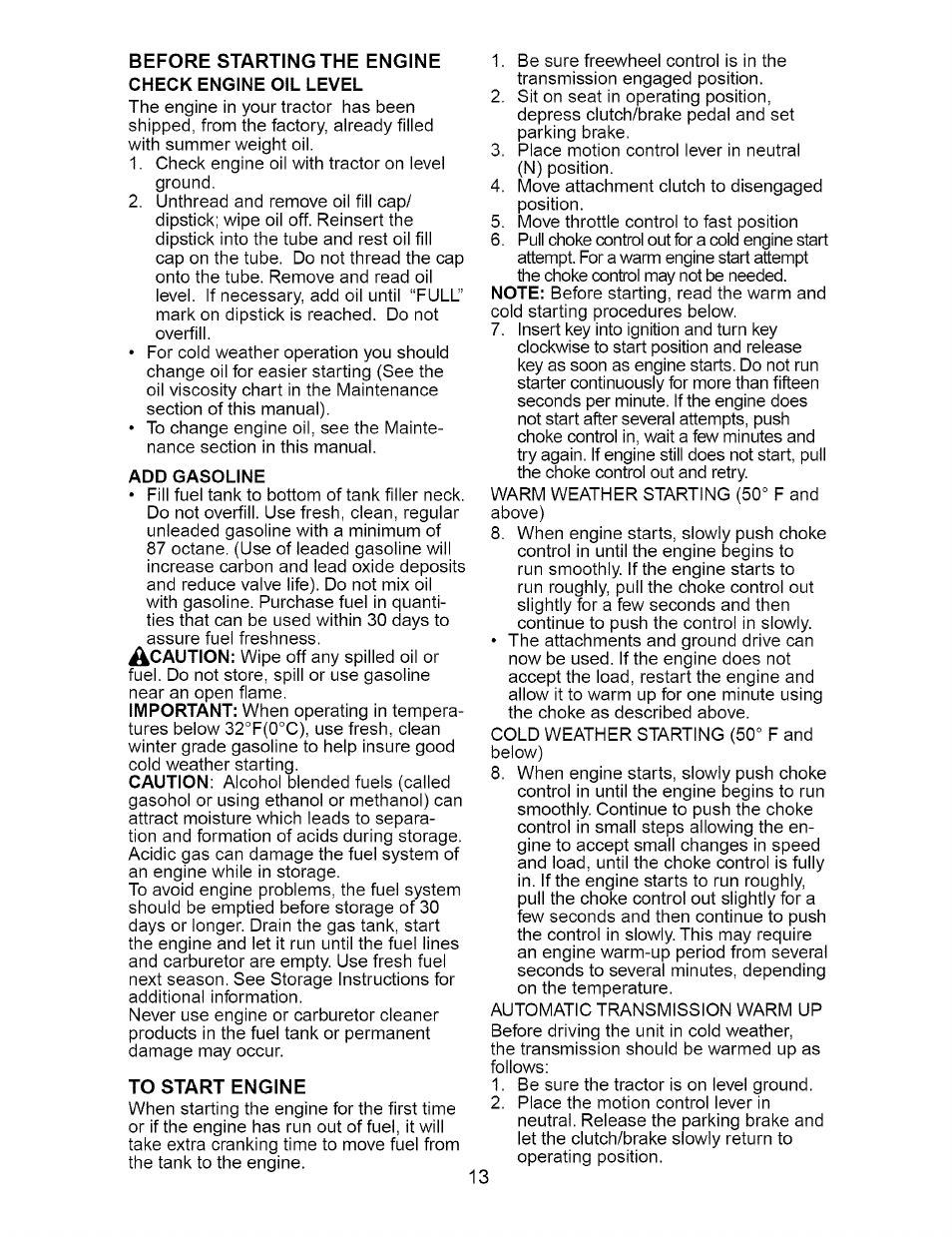Before starting the engine check engine oil level, Add gasoline, To start engine | Craftsman 917.273663 User Manual | Page 13 / 56