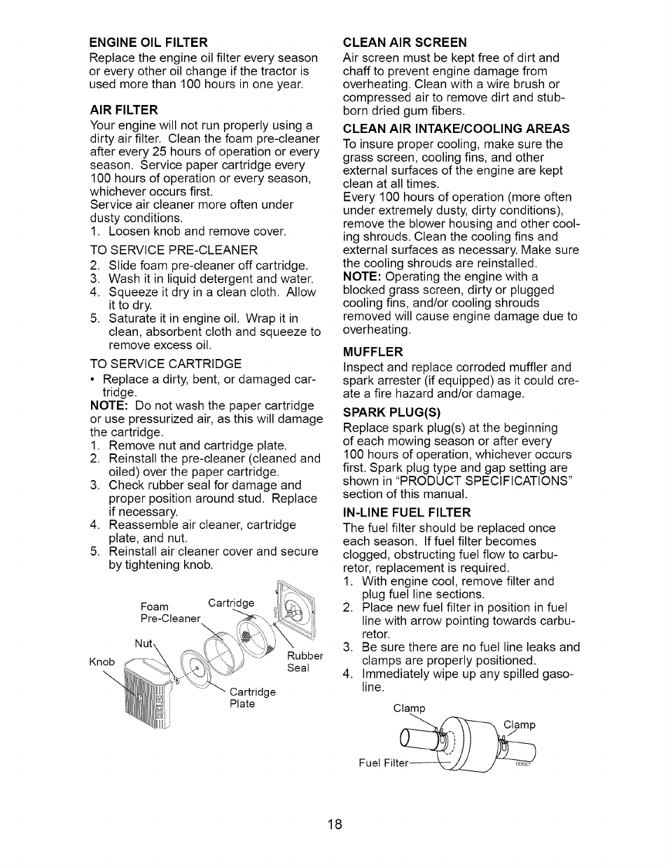 Engine oil filter, Air filter, Clean air screen | Clean air intake/cooling areas, Muffler, Spark plug(s), In-line fuel filter | Craftsman 917.273663 User Manual | Page 18 / 56