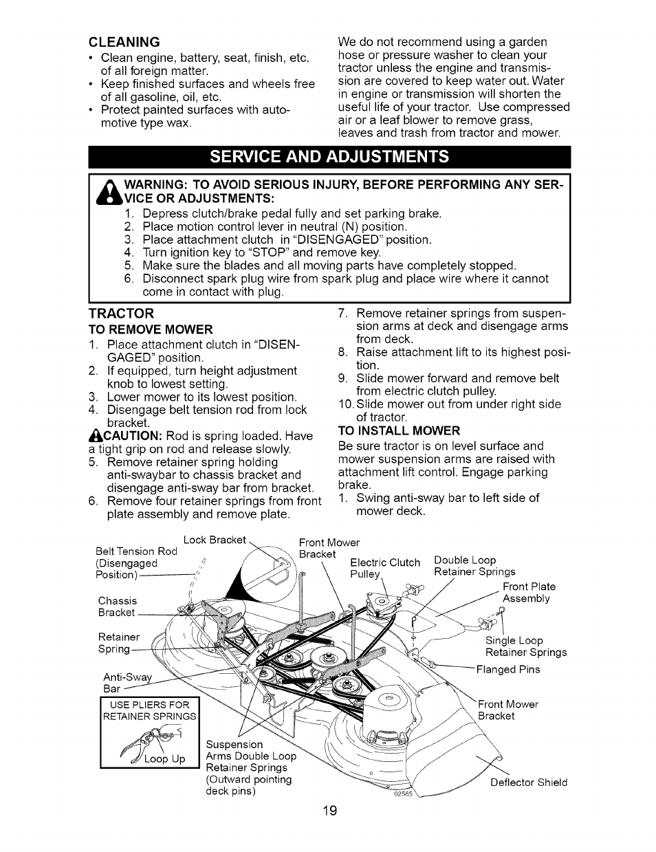 Cleaning, Service and adjustments, Tractor | To remove mower, To install mower | Craftsman 917.273663 User Manual | Page 19 / 56