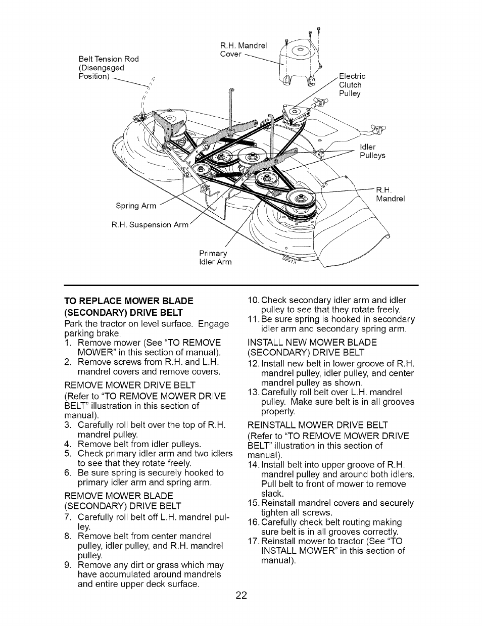 To replace mower blade (secondary) drive belt | Craftsman 917.273663 User Manual | Page 22 / 56