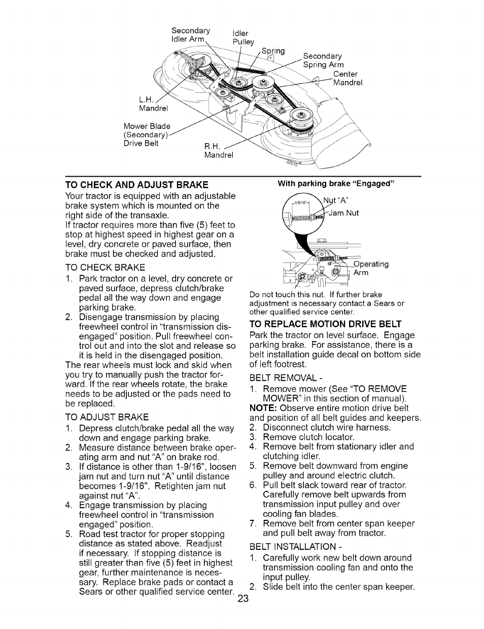 To check and adjust brake, To replace motion drive belt | Craftsman 917.273663 User Manual | Page 23 / 56