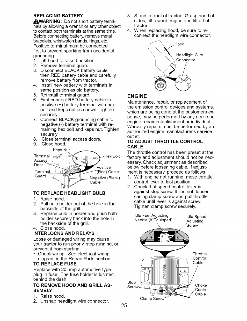 To replace headlight bulb, To remove hood and grill assembly, To adjust throttle control cable | Craftsman 917.273663 User Manual | Page 25 / 56