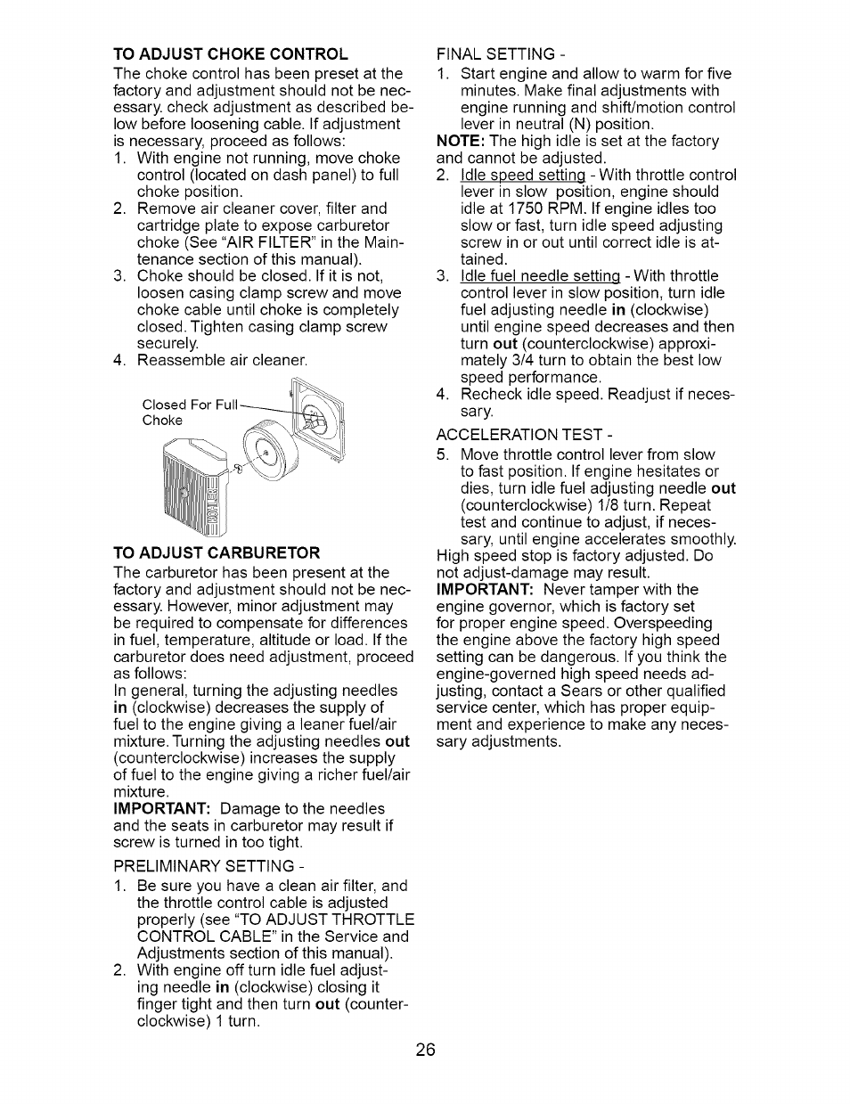 To adjust choke control, To adjust carburetor | Craftsman 917.273663 User Manual | Page 26 / 56