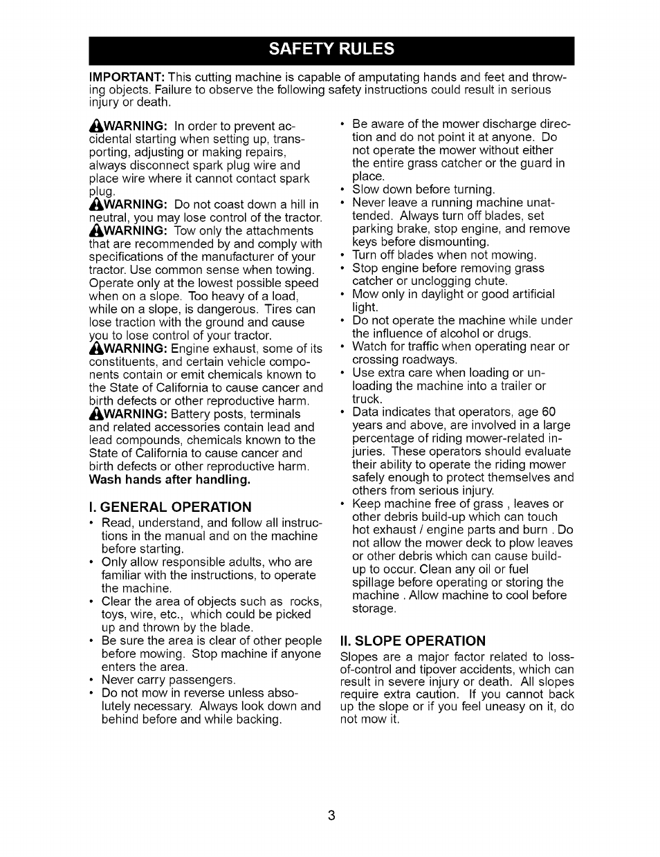 I. general operation, Ii. slope operation, Safety rules | Craftsman 917.273663 User Manual | Page 3 / 56