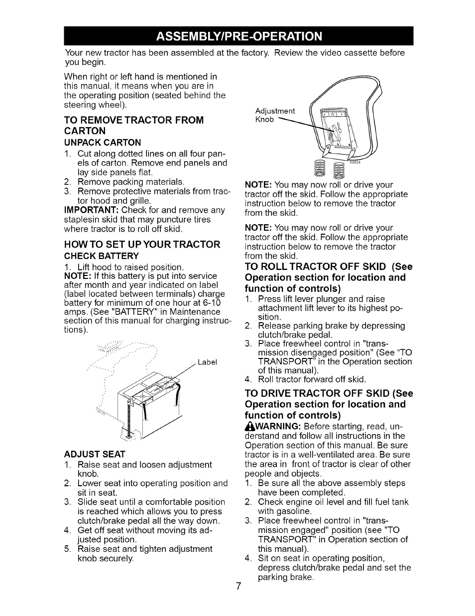 Unpack carton, Adjust seat, Assembly/pre-operation | Craftsman 917.273663 User Manual | Page 7 / 56