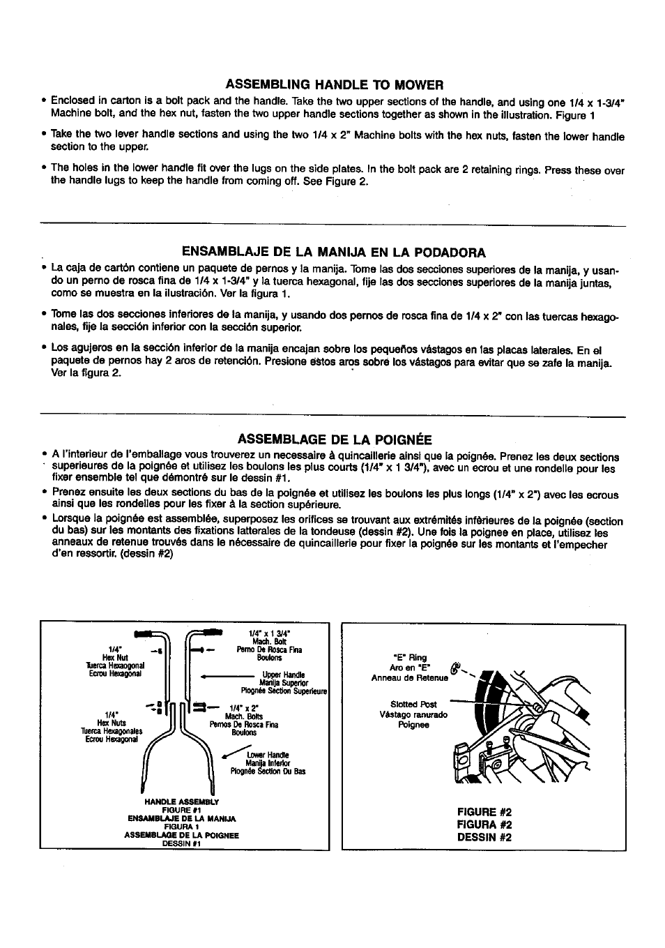 Assembling handle to mower, Ensamblaje de la manija en la rodadora, Assemblage de la poignée | Craftsman 291.37614 User Manual | Page 4 / 7