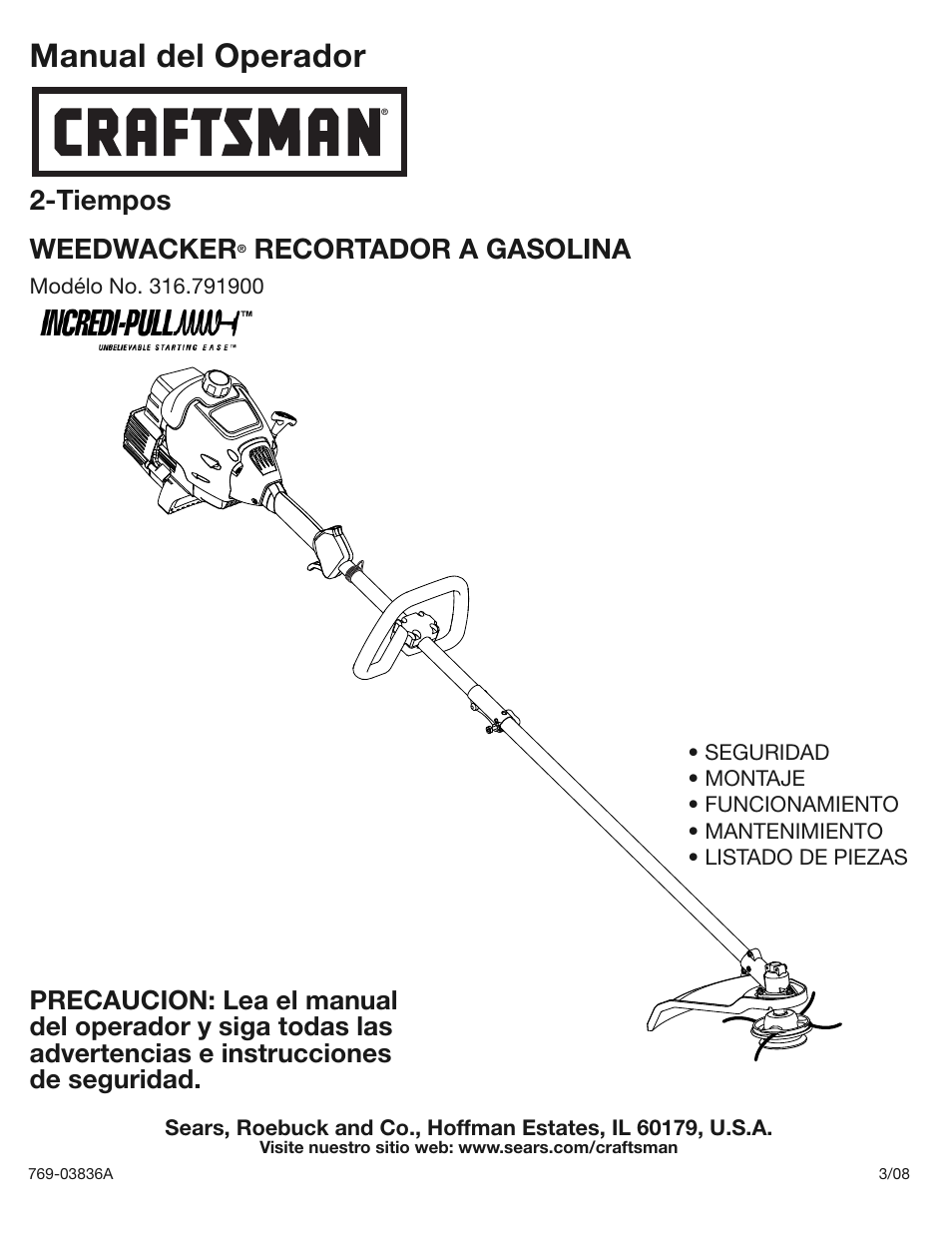Manual del operador, Tiempos weedwacker, Recortador a gasolina | Craftsman 316.7919 User Manual | Page 13 / 28