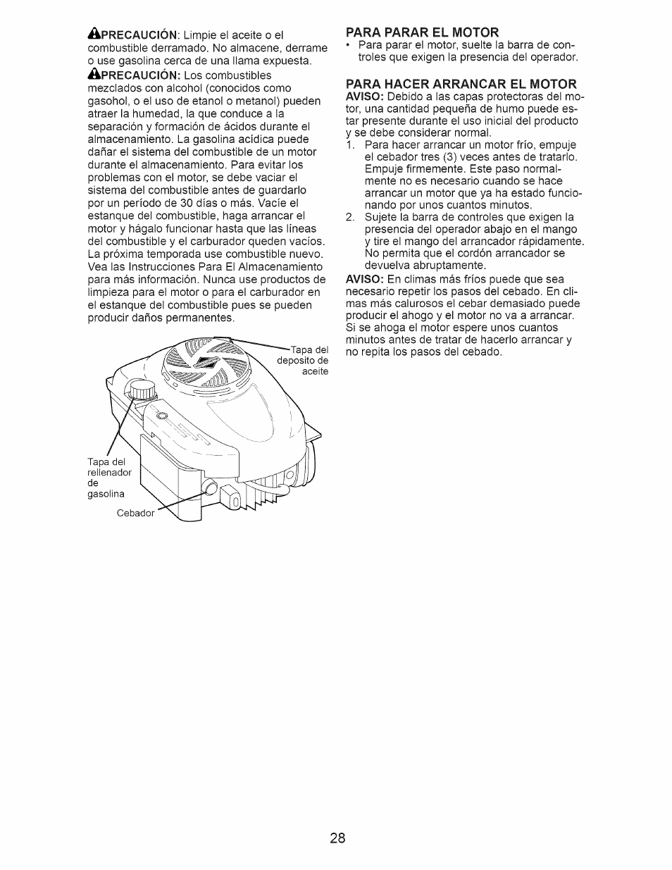 Para parar el motor, Para hacer arrancar el motor | Craftsman 917.370620 User Manual | Page 28 / 48