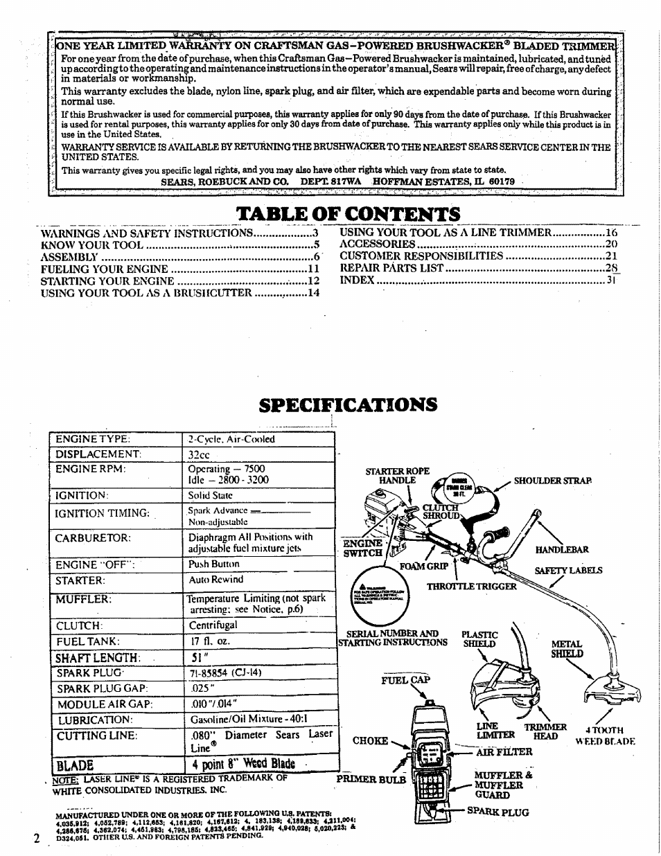Lable of contents, Specifications, Blade 4 point 8" blade | Craftsman 358.798260-32cc User Manual | Page 2 / 61