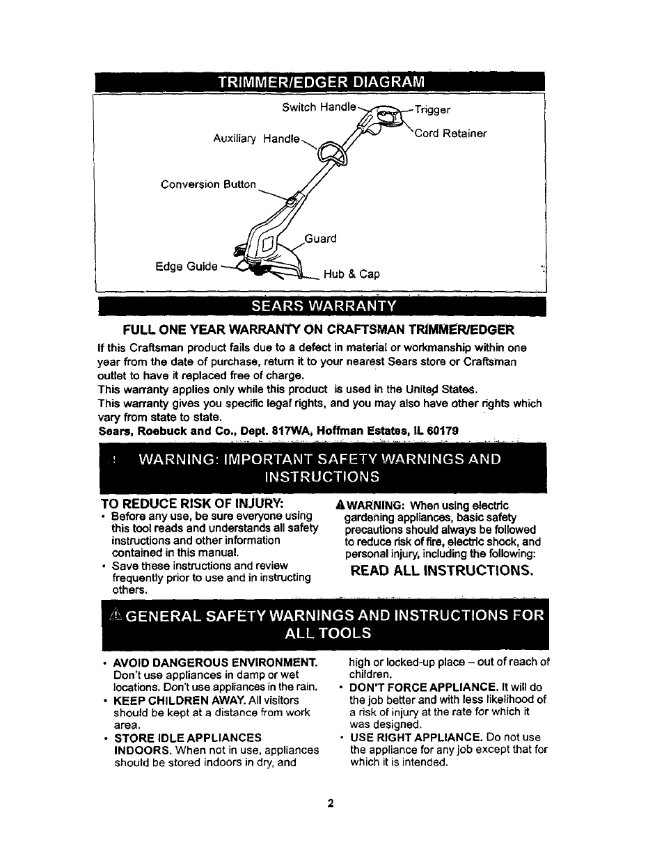 Trimmer/edger diagram, Searvs warranty, Full one year warranty on craftsman trimmer/edger | Warning: important safety warnings and, Instructions, To reduce risk of injury, Read all instructions, Ia general safety warnings and instructions for, All tools, Trimmer/edger diagram searvs warranty | Craftsman 900.74522 User Manual | Page 2 / 7