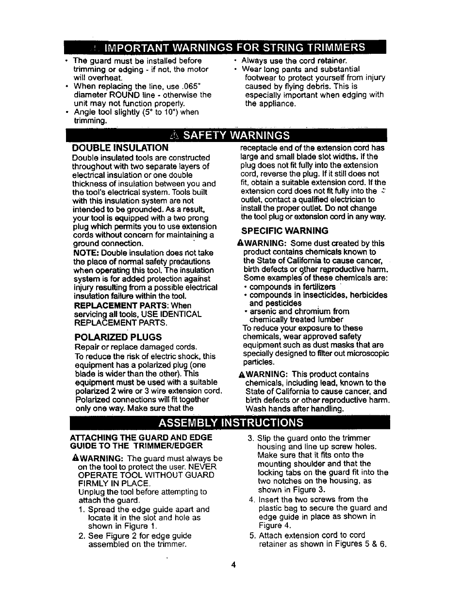 Important warnings for string trimmers, I!\ safety warnings, Double insulation | Polarized plugs, Specific warning, Assembly instructions | Craftsman 900.74522 User Manual | Page 4 / 7