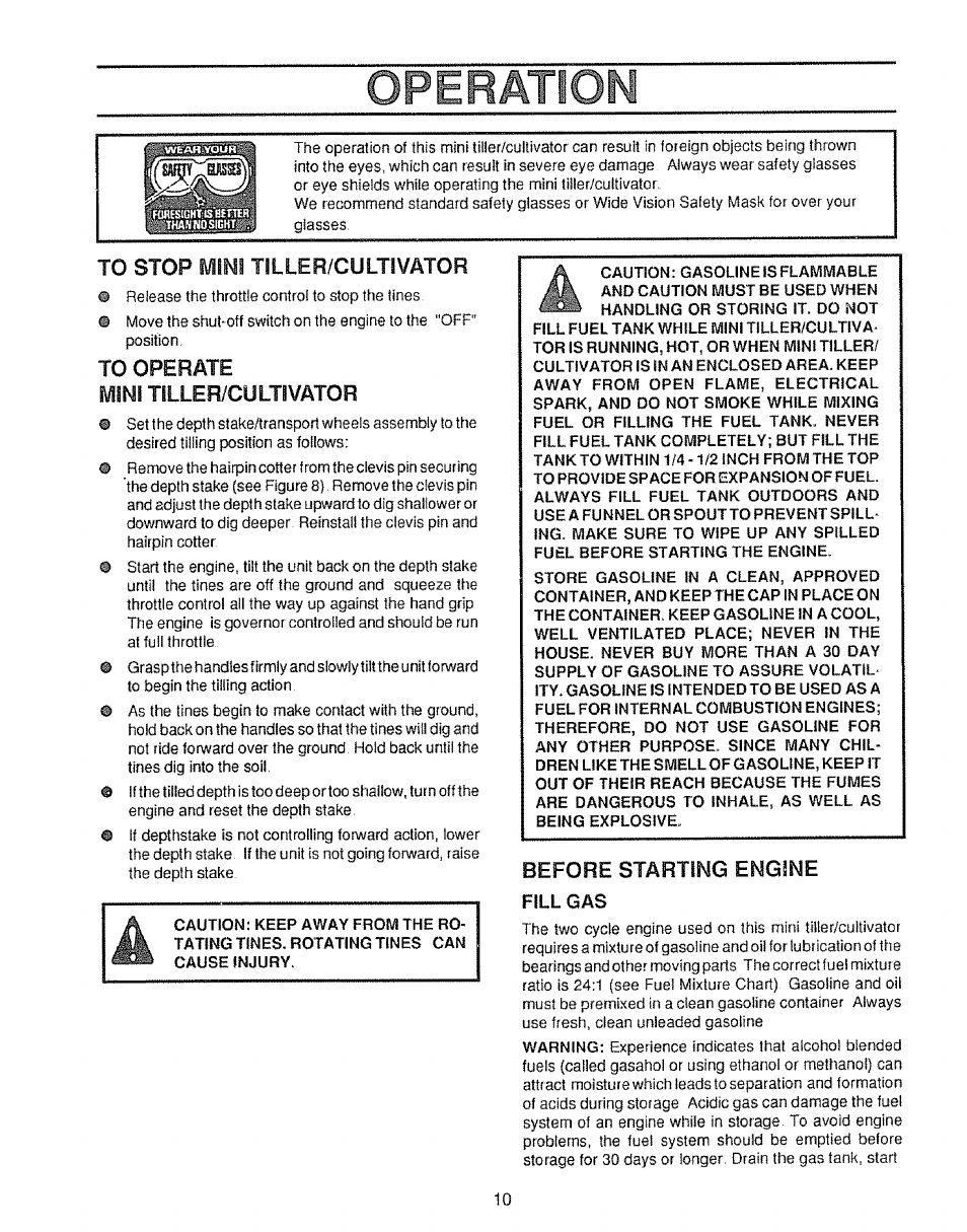 Perätiom, To stop mini tiller/cultivator, To operate | Mini tiller/cultivator, Before starting engine | Craftsman 536.797500 User Manual | Page 10 / 20