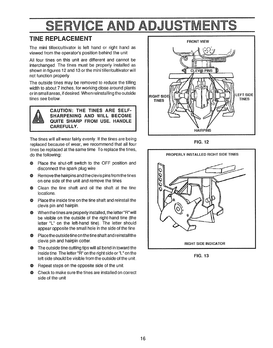 Se™ce amd adjustiiemts, Tine replacement | Craftsman 536.797500 User Manual | Page 16 / 20