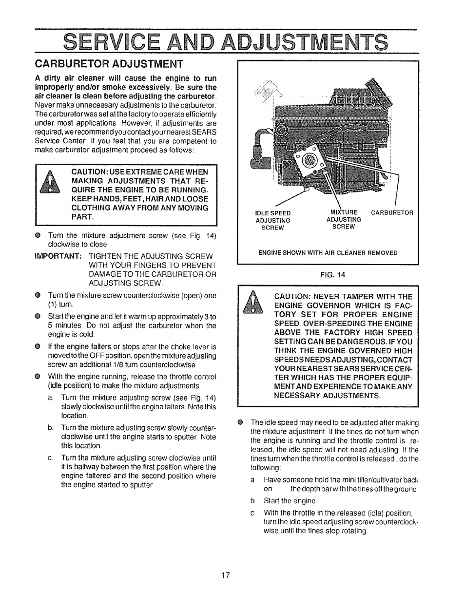 Service amd adjustmewts, Carburetor adjustment | Craftsman 536.797500 User Manual | Page 17 / 20