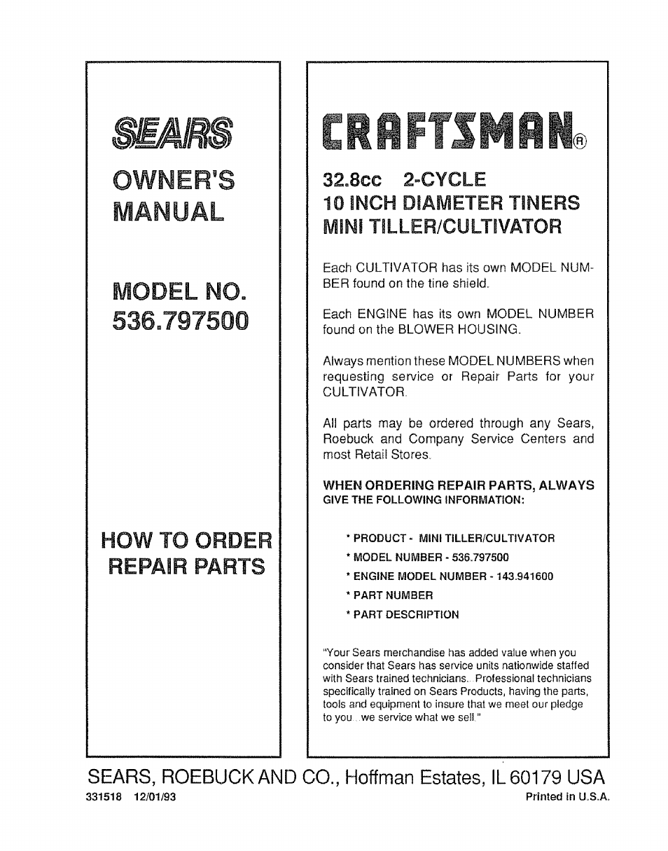 Owner’s, Manual, Model no | How to order, Repair parts, Cycle, Diameter tiners, Tiller/cultivator | Craftsman 536.797500 User Manual | Page 20 / 20