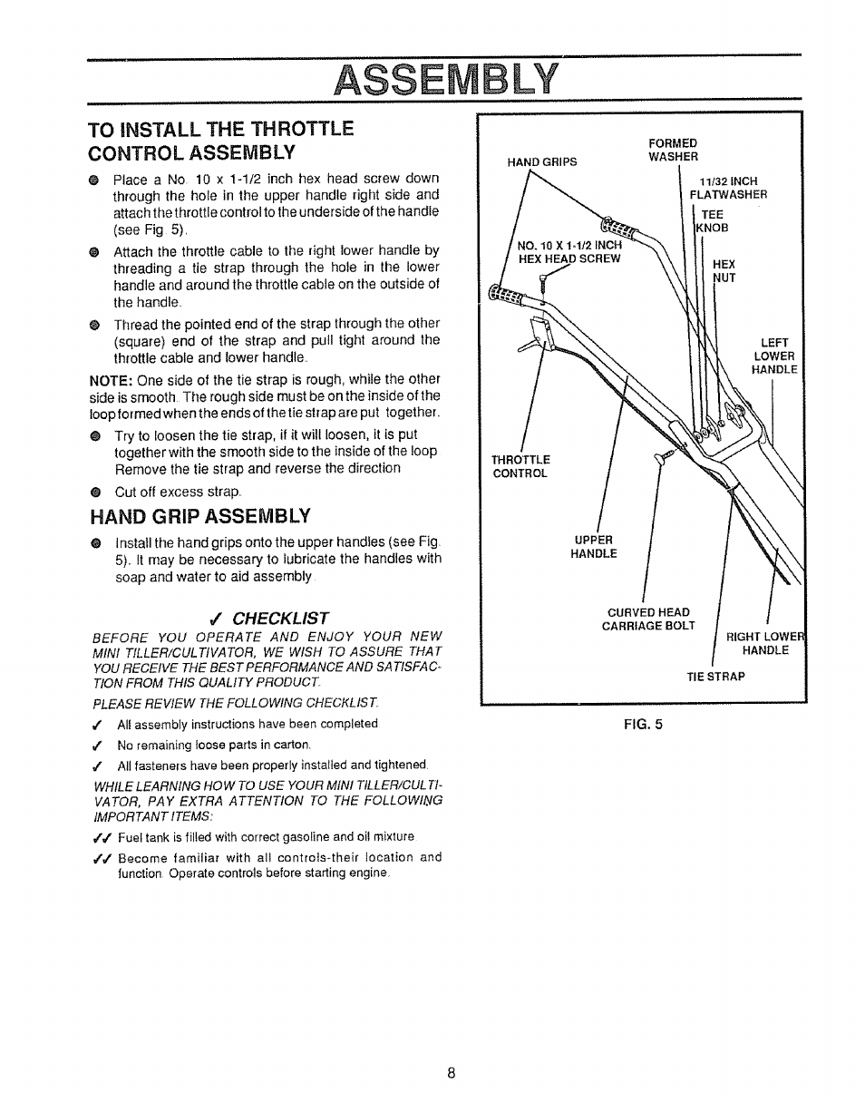 Assembly, To install the throttle control assembly, Handgrip assembly | Craftsman 536.797500 User Manual | Page 8 / 20