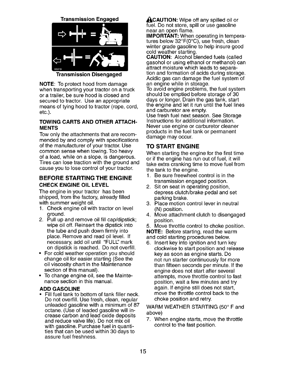 Transmission disengaged, Towing carts and other attachments, Add gasoline | Craftsman 917.273840 User Manual | Page 15 / 60