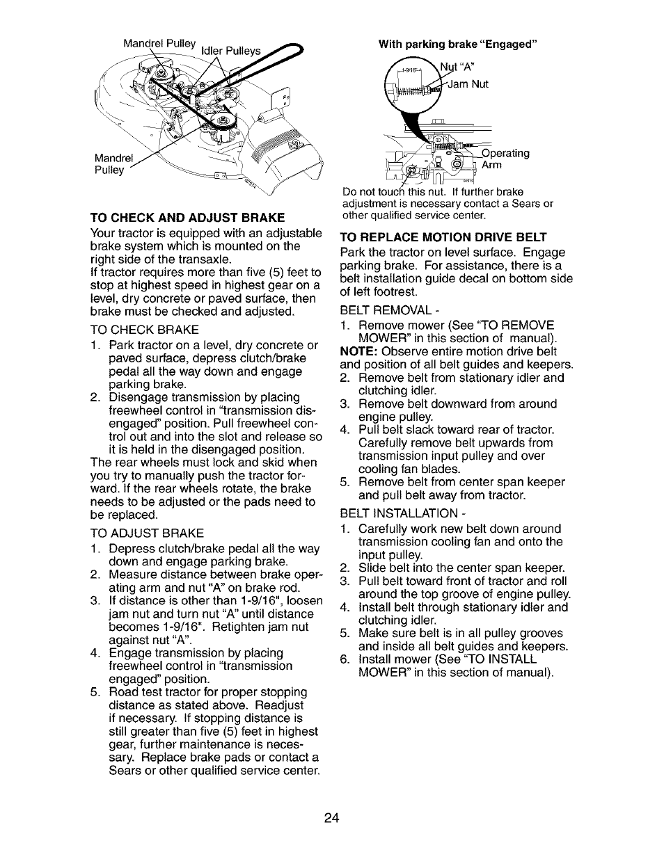 To check and adjust brake, To replace motion drive belt | Craftsman 917.273840 User Manual | Page 24 / 60