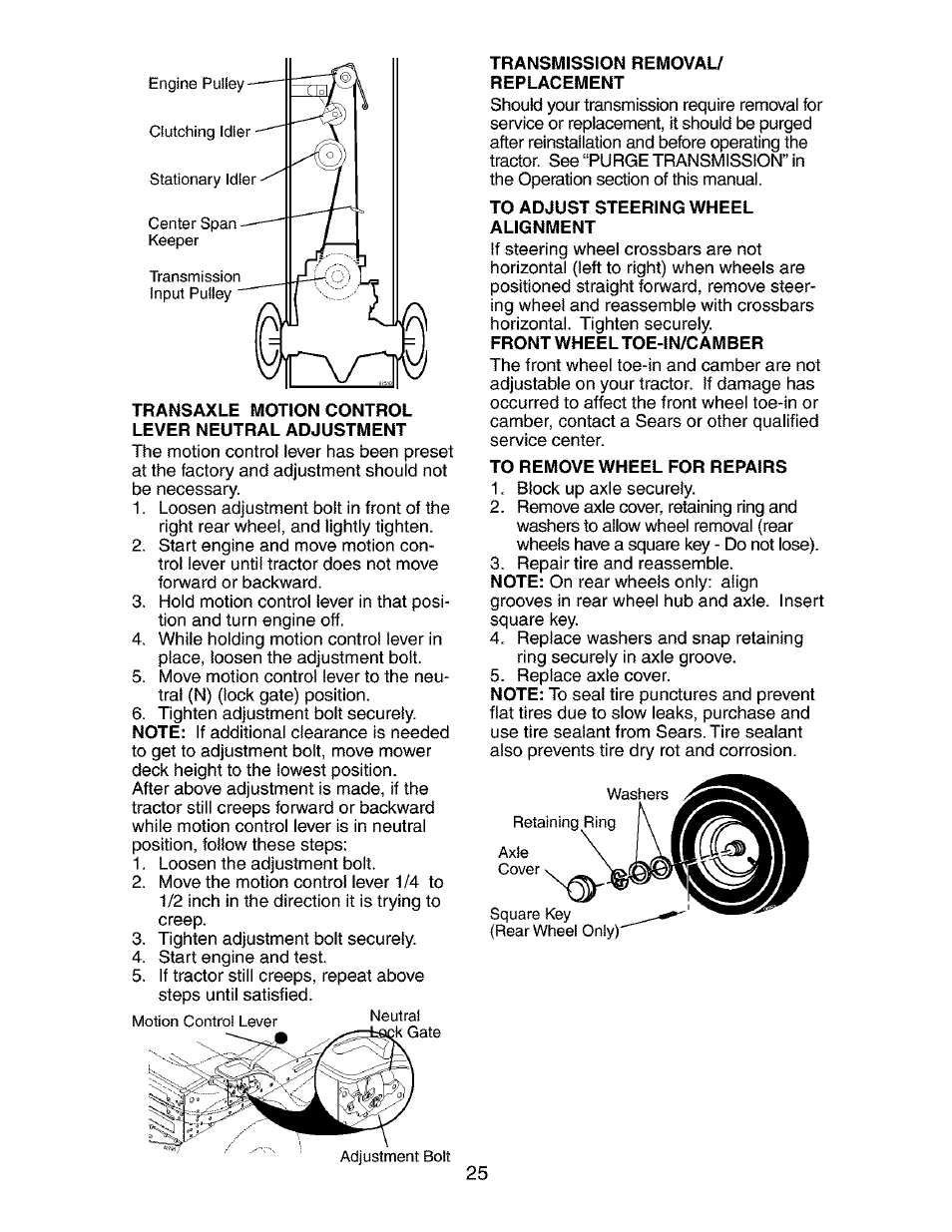 Transaxle motion control lever neutral adjustment, Transmission removau replacement, To adjust steering wheel alignment | To remove wheel for repairs | Craftsman 917.273840 User Manual | Page 25 / 60