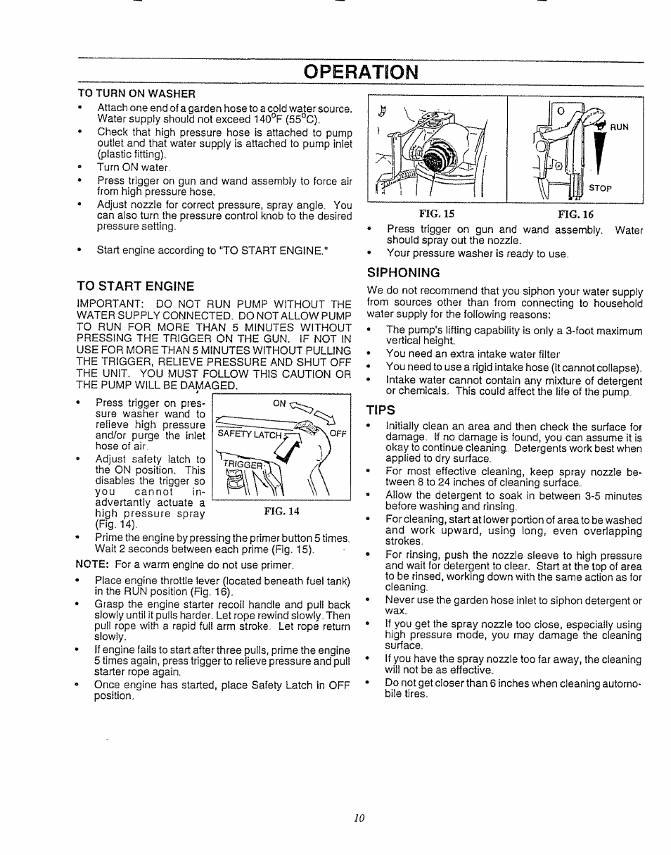 To start engine, Siphoning, Tips | Operation | Craftsman 580.747100 User Manual | Page 10 / 40