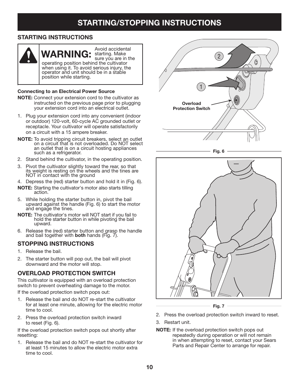 Warning, Starting/stopping instructions | Craftsman 316.2926 User Manual | Page 10 / 32