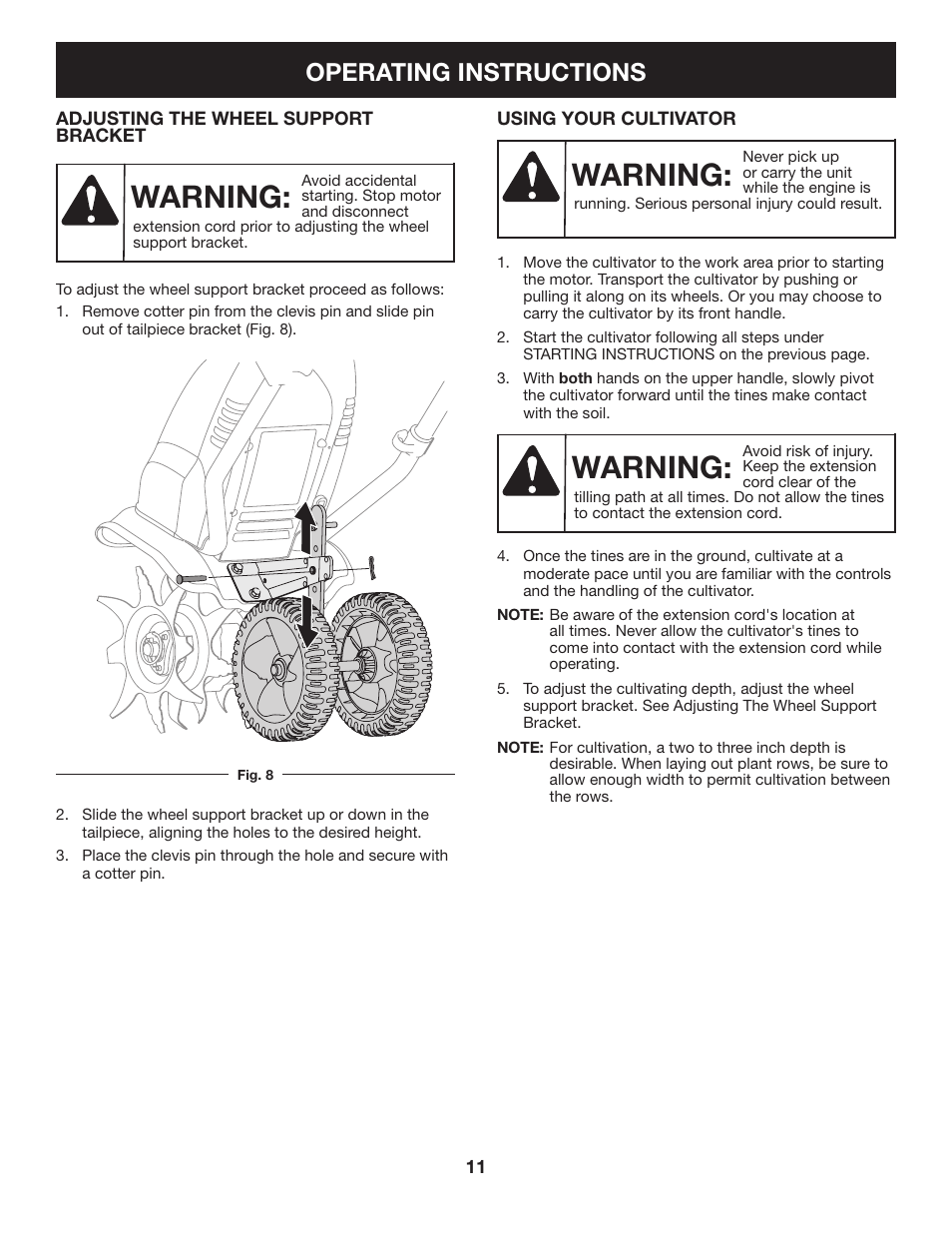 Warning, Operating instructions | Craftsman 316.2926 User Manual | Page 11 / 32