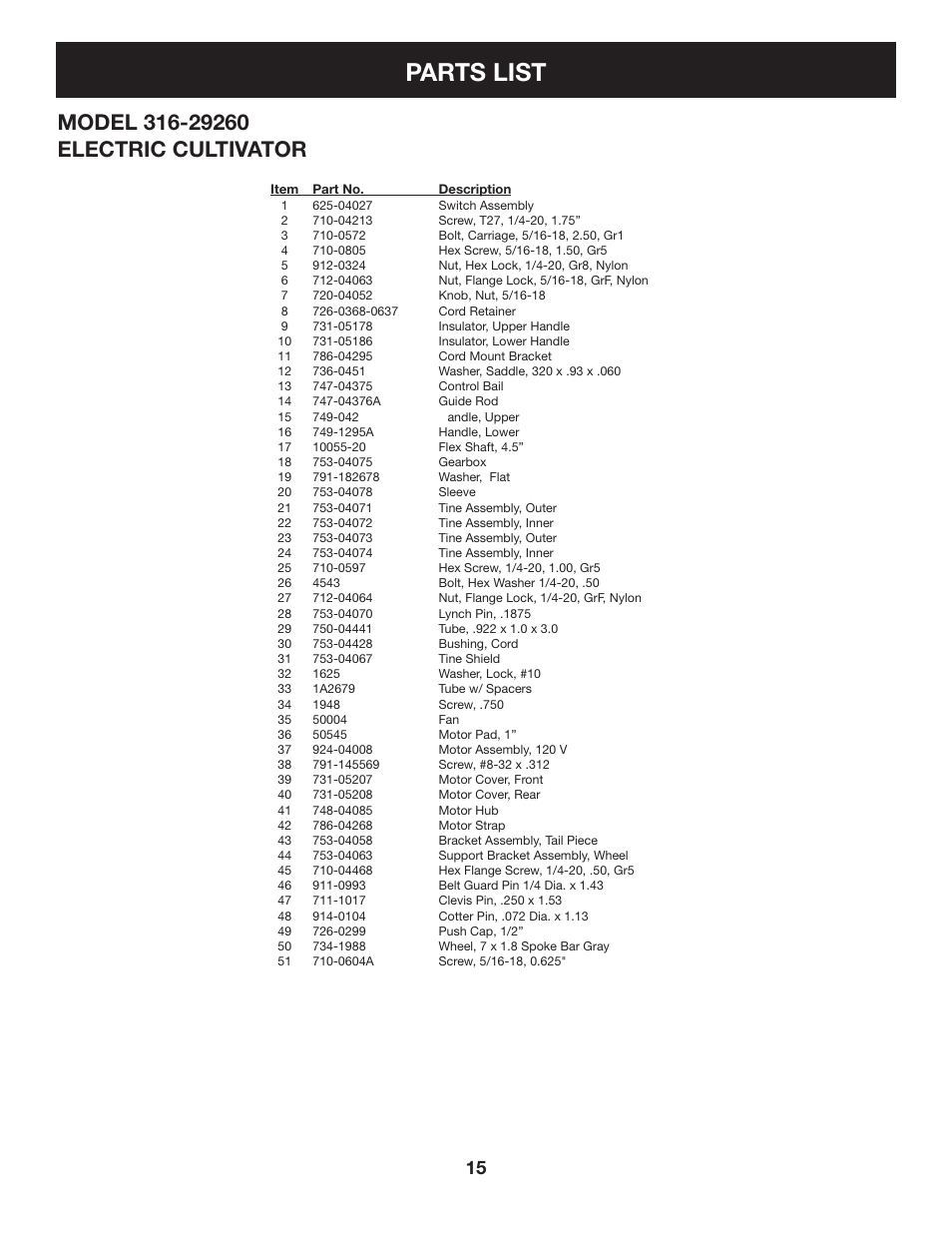 Parts list | Craftsman 316.2926 User Manual | Page 15 / 32