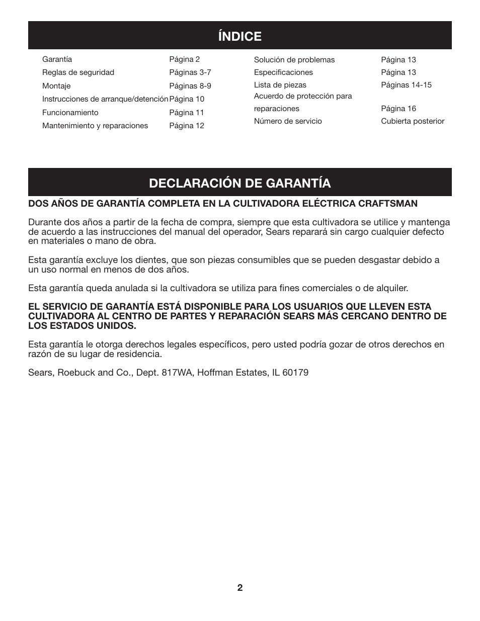 Índice declaración de garantía | Craftsman 316.2926 User Manual | Page 18 / 32