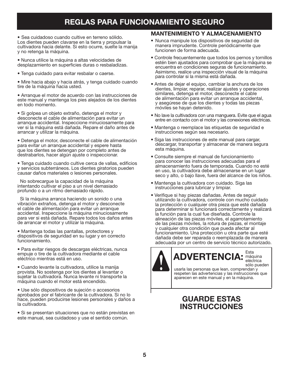 Advertencia, Reglas para funcionamiento seguro, Guarde estas instrucciones | Craftsman 316.2926 User Manual | Page 21 / 32