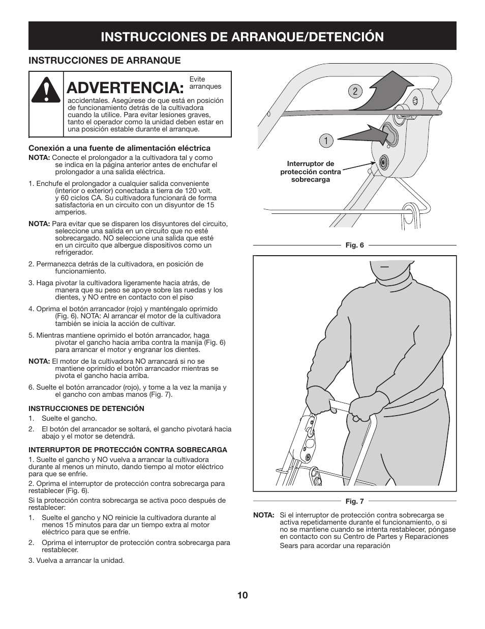 Advertencia, Instrucciones de arranque/detención | Craftsman 316.2926 User Manual | Page 26 / 32
