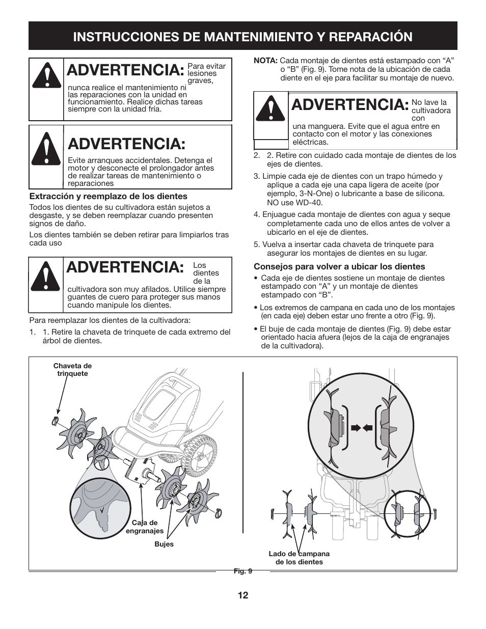 Advertencia, Instrucciones de mantenimiento y reparación | Craftsman 316.2926 User Manual | Page 28 / 32