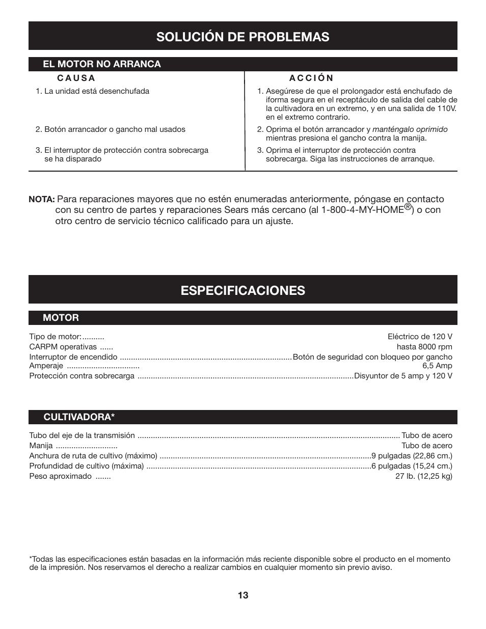 Solución de problemas, Especificaciones | Craftsman 316.2926 User Manual | Page 29 / 32