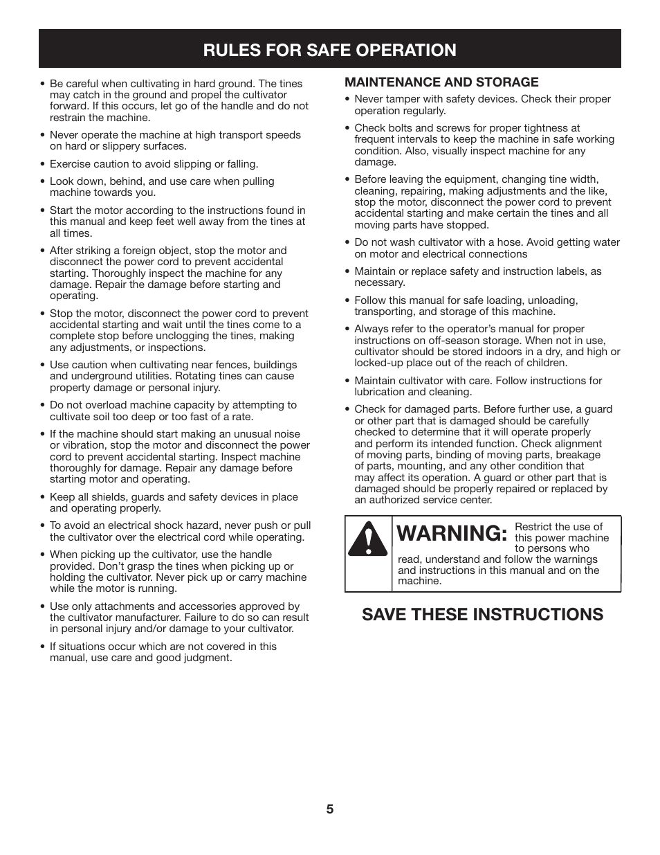 Warning, Save these instructions rules for safe operation | Craftsman 316.2926 User Manual | Page 5 / 32