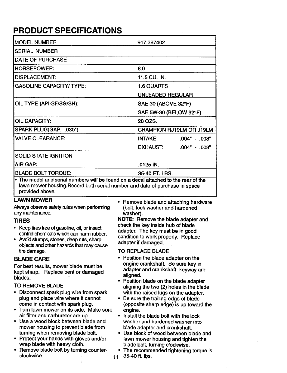 Product specifications, Lawn mower, Blade care | Craftsman 917.387402 User Manual | Page 11 / 29