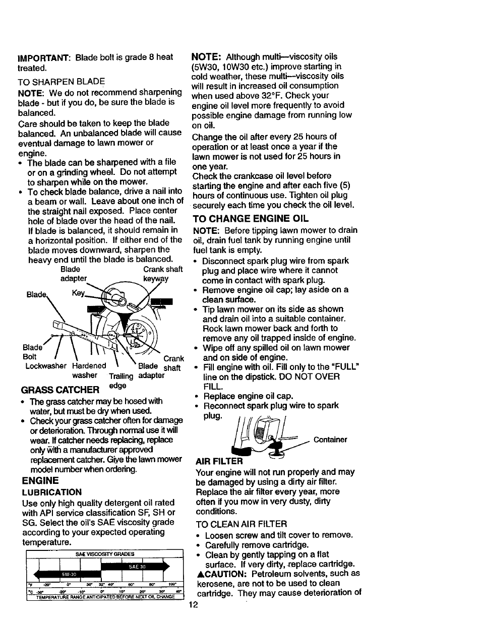 Grass catcher, Engine, To change engine oil | Craftsman 917.387402 User Manual | Page 12 / 29