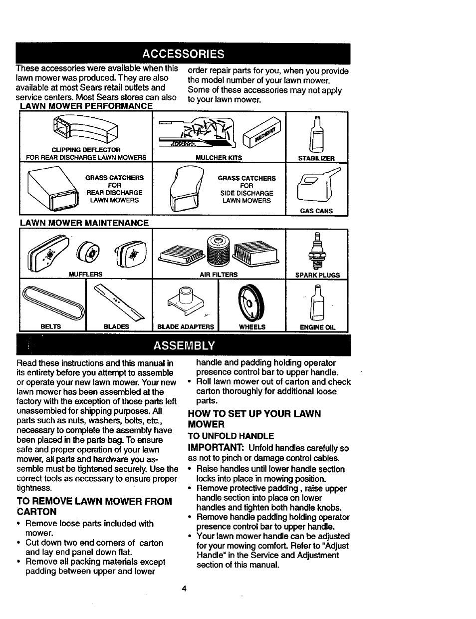 Accessories, Assembly, To remove lawn mower from carton | How to set up your lawn mower, Important | Craftsman 917.387402 User Manual | Page 4 / 29