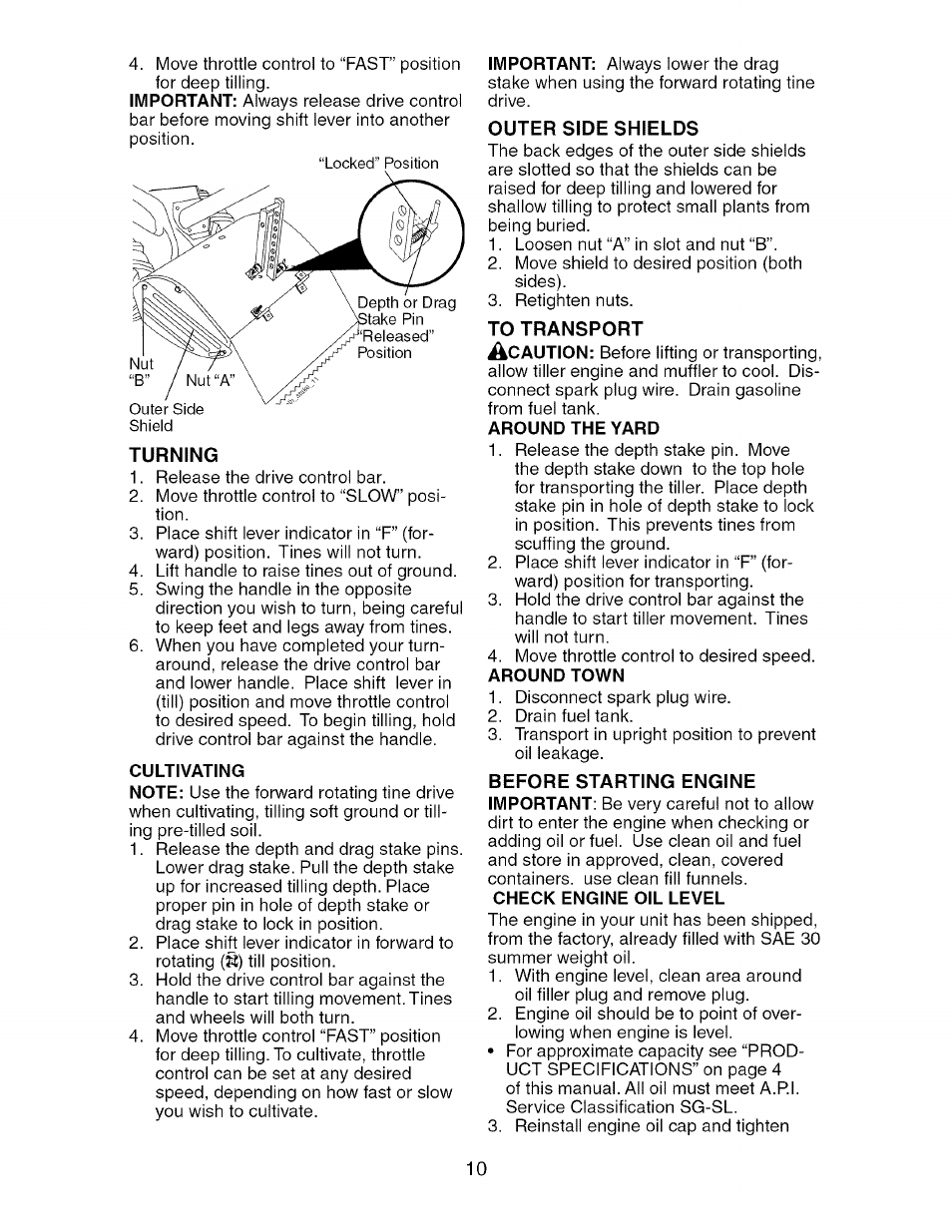 Turning, Outer side shields, To transport | Craftsman 917.296040 User Manual | Page 10 / 56