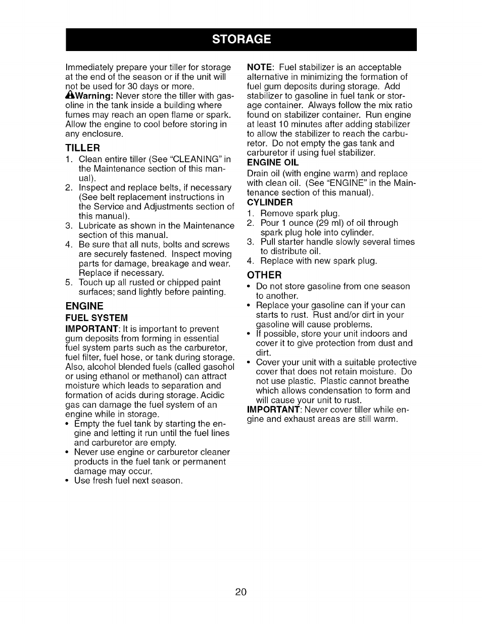 Tiller, Other, Storage | Craftsman 917.296040 User Manual | Page 20 / 56