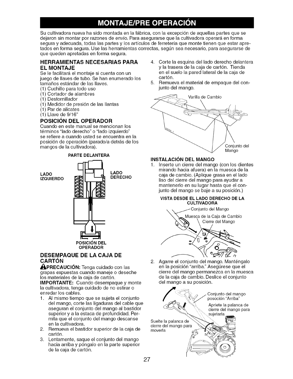 Montaje/pre operacion | Craftsman 917.296040 User Manual | Page 27 / 56