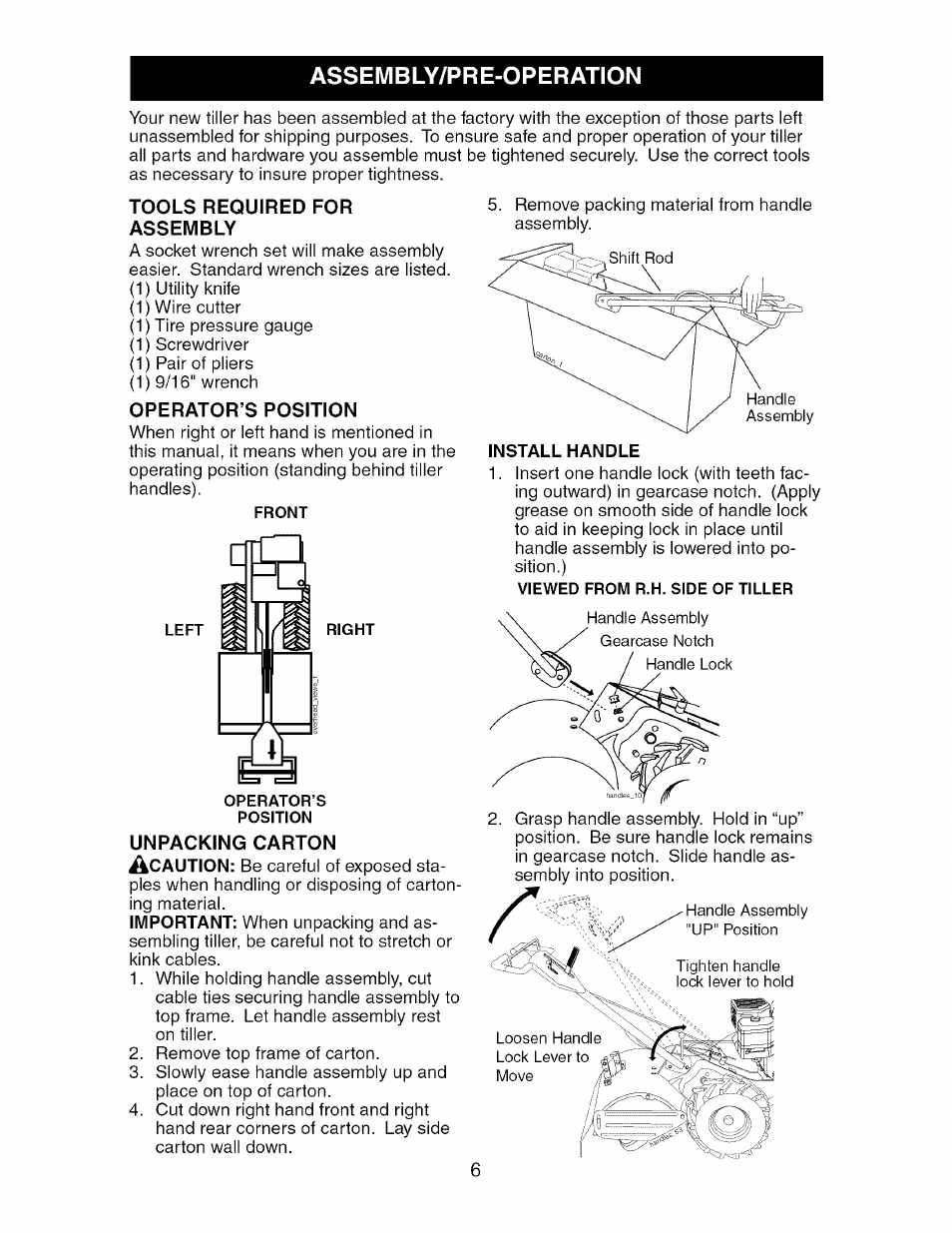 Tools required for assembly, Operator’s position, 1 j 1 | Craftsman 917.296040 User Manual | Page 6 / 56