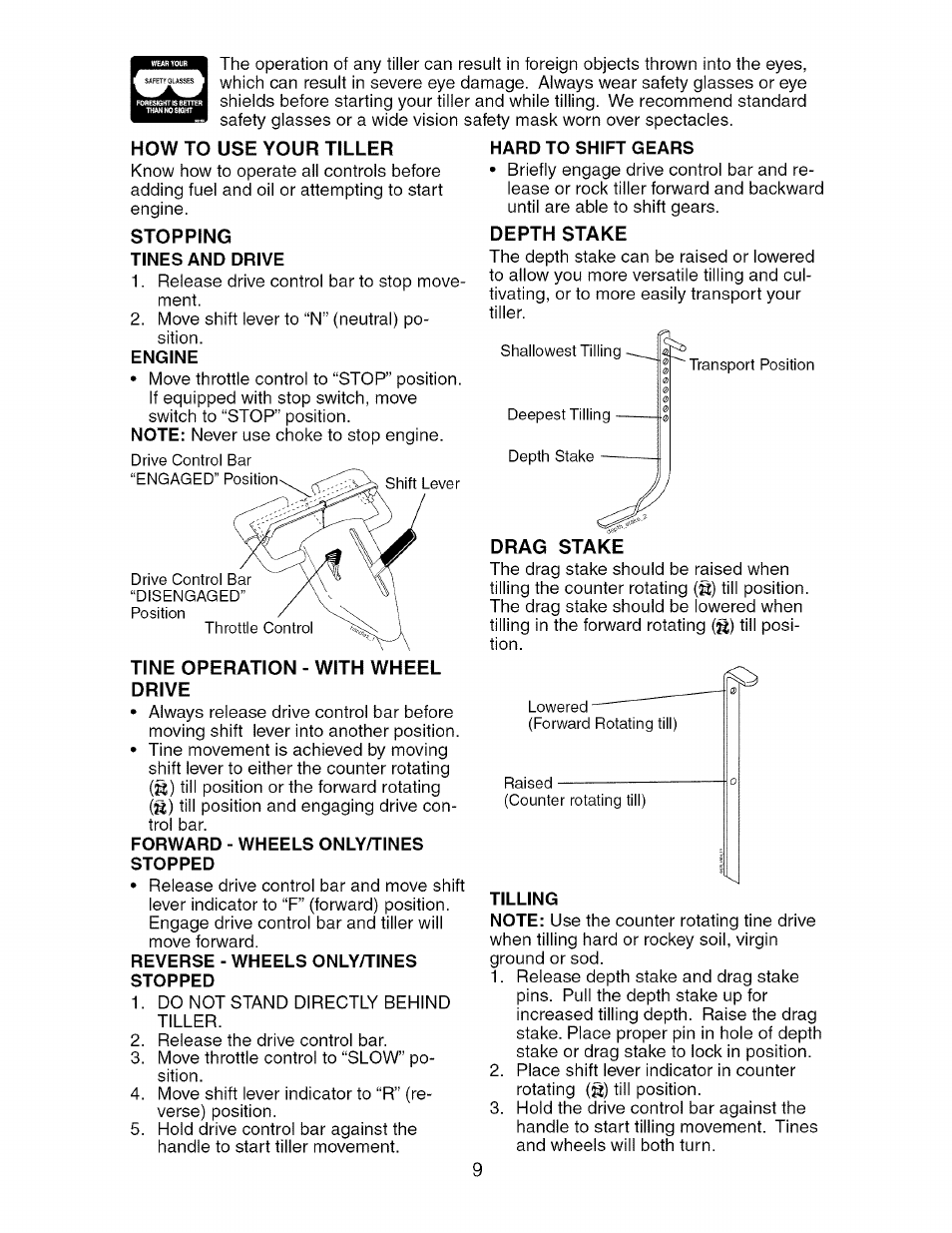 How to use your tiller, Stopping, Tine operation - with wheel drive | Depth stake, Drag stake | Craftsman 917.296040 User Manual | Page 9 / 56